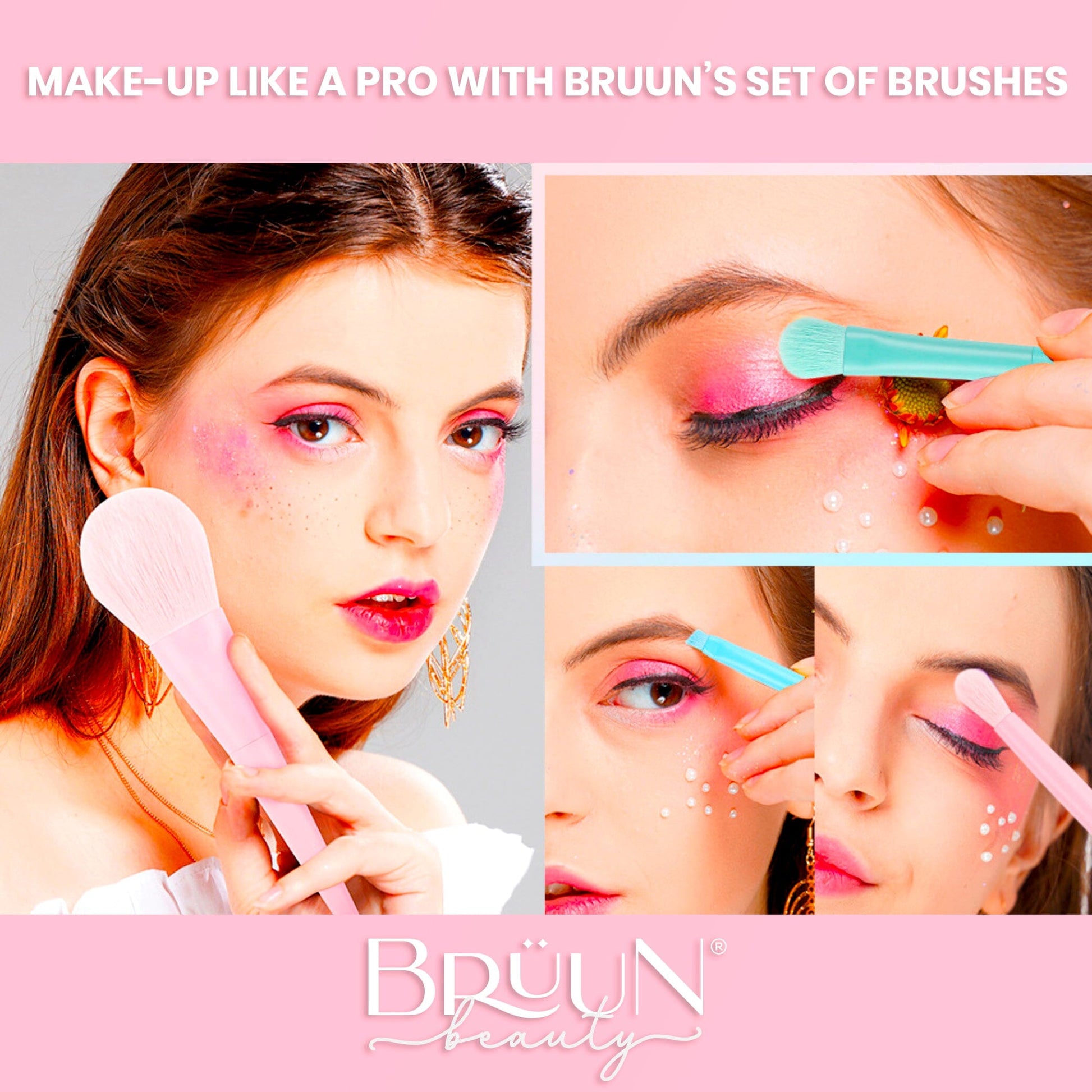 BRÜUN Makeup Brushes Set- A (17 Pcs) Premium Quality Synthetic and Colorful Brushes Kit with Purple Top and Blue Bottom Sponges for Blush Concealers, Blending Face Powder and Eyeshadow Makeup Bruun Beauty
