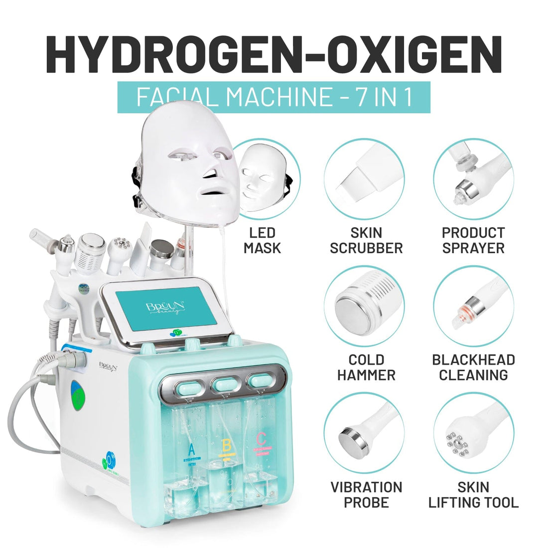 BRÜUN Oxygen Machine 7 in 1 Hydra Dermabrasion Face Care Hydrogen-Oxygen Device Small Bubbles Aqua Peeling for Skin Moisturizing for Spa and Beauty Salon SH-Hydrogen Oxygen Facial Machine Bruun Beauty