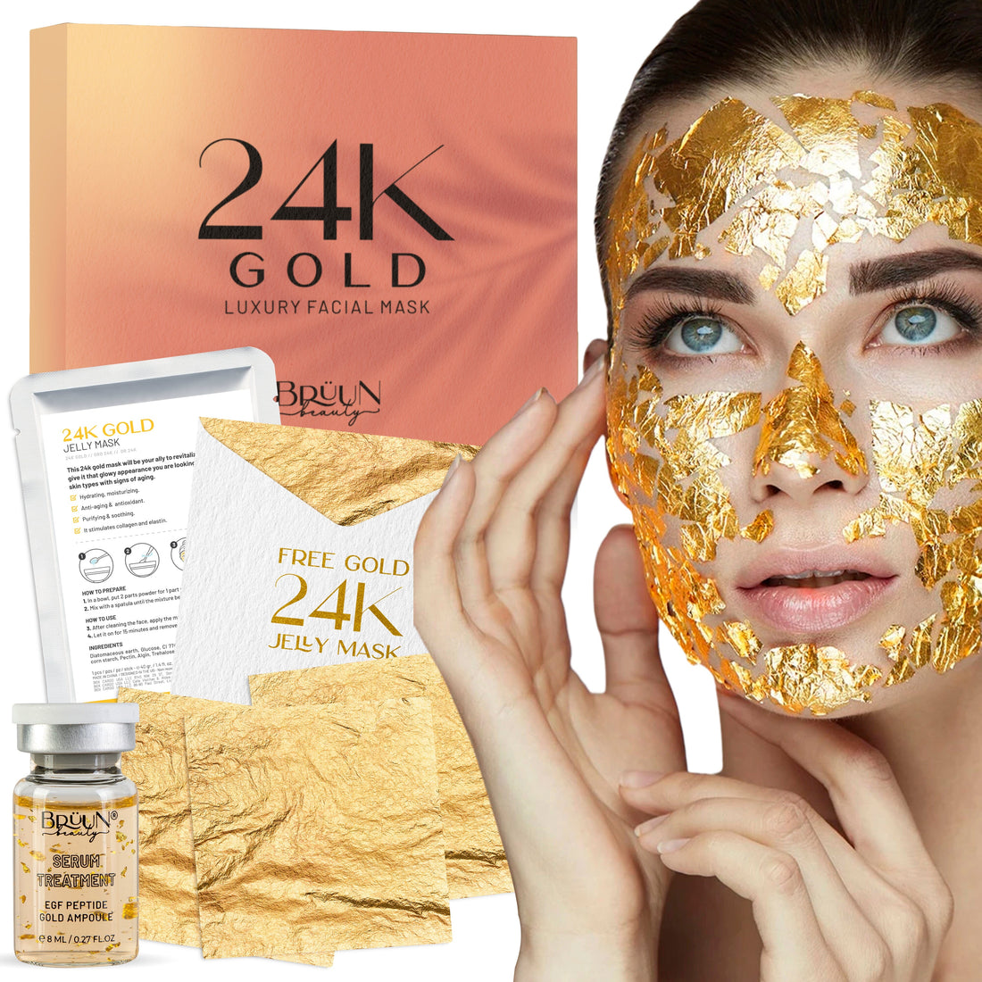 24K Gold Leaves with 1 24K Gold Peel off Jelly Mask Pack including 1 Facial Serum Bruun Beauty 5 Pcs Gold Leaves
