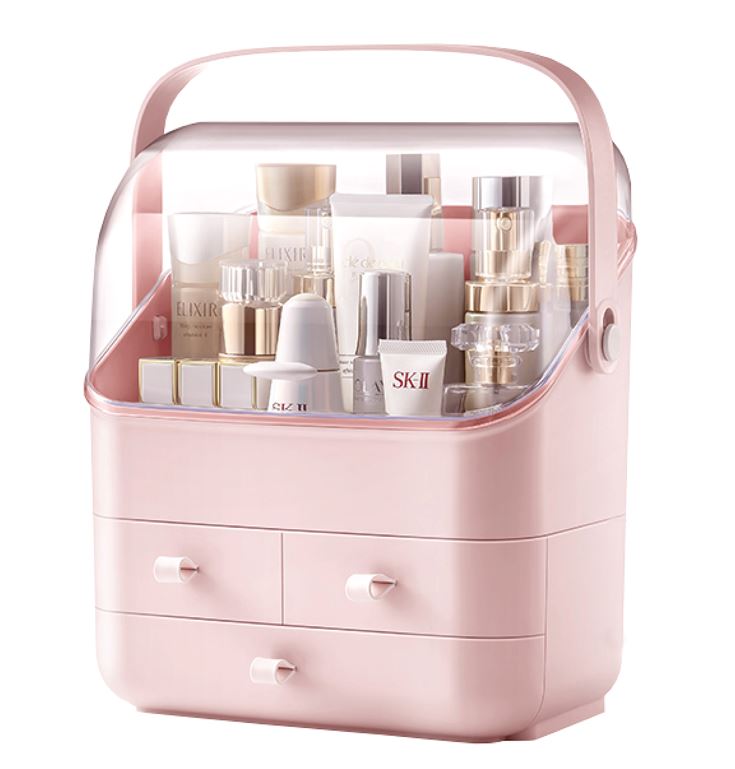 BRÜUN Skin Care Cosmetic Storage Bin – A Large Dust and Water Proof Makeup Box with a Fully Open Lid & Drawers to Hold Brushes, Lotions, etc. for Countertop, Vanity, and Bathroom Dresser Bruun Beauty Rose