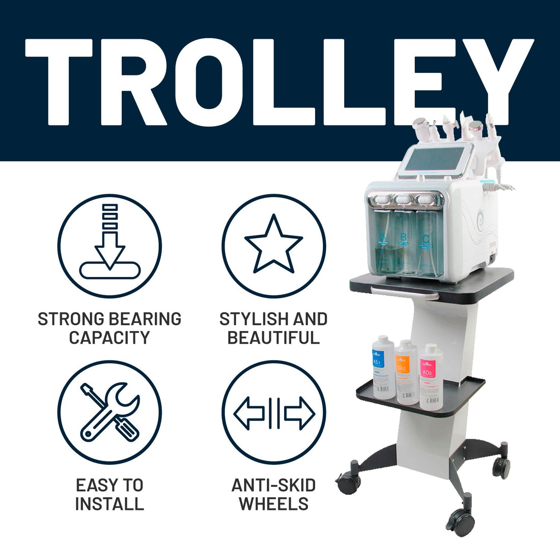 BRÜUN Beauty Salon Rolling Trolley Cart with Tray, Wheels, and Stand – Mobile cart of Aluminum Alloy for Beauty Machines (Hydra Facial or Cavitation) Beauty Spa Cart Bruun Beauty
