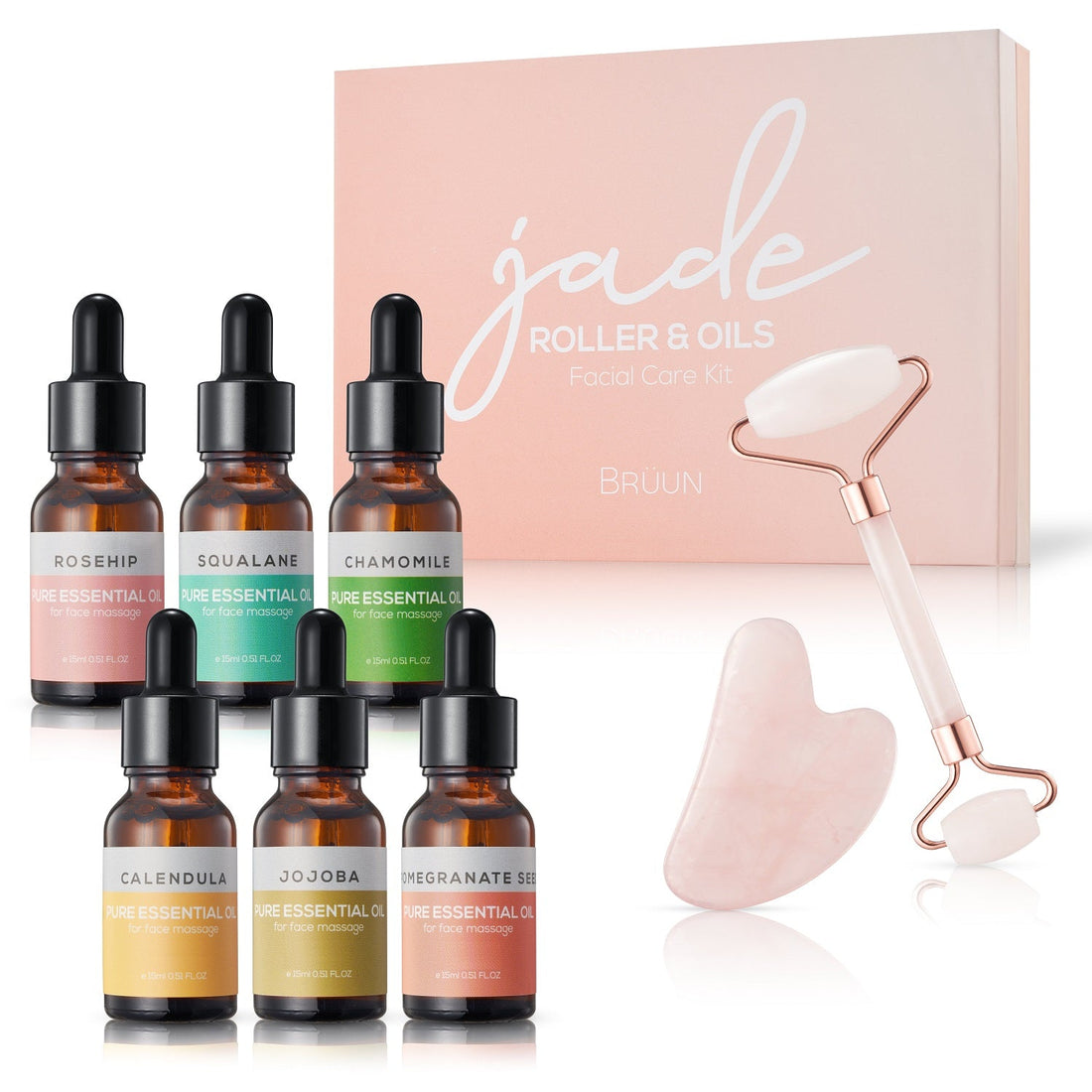 BRÜUN Jade Roller and Gua Sha Kit of Pink Color with Pack of 6 Essential Oils Set – A Skin Care bundle for Facial Beauty Routine of Women and girls from BRÜUN SH-Jade Roller + Oil Kit- set 6 Bruun Beauty