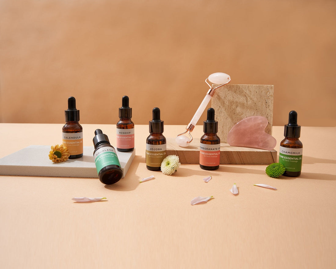 BRÜUN Jade Roller and Gua Sha Kit of Pink Color with Pack of 6 Essential Oils Set – A Skin Care bundle for Facial Beauty Routine of Women and girls from BRÜUN SH-Jade Roller + Oil Kit- set 6 Bruun Beauty