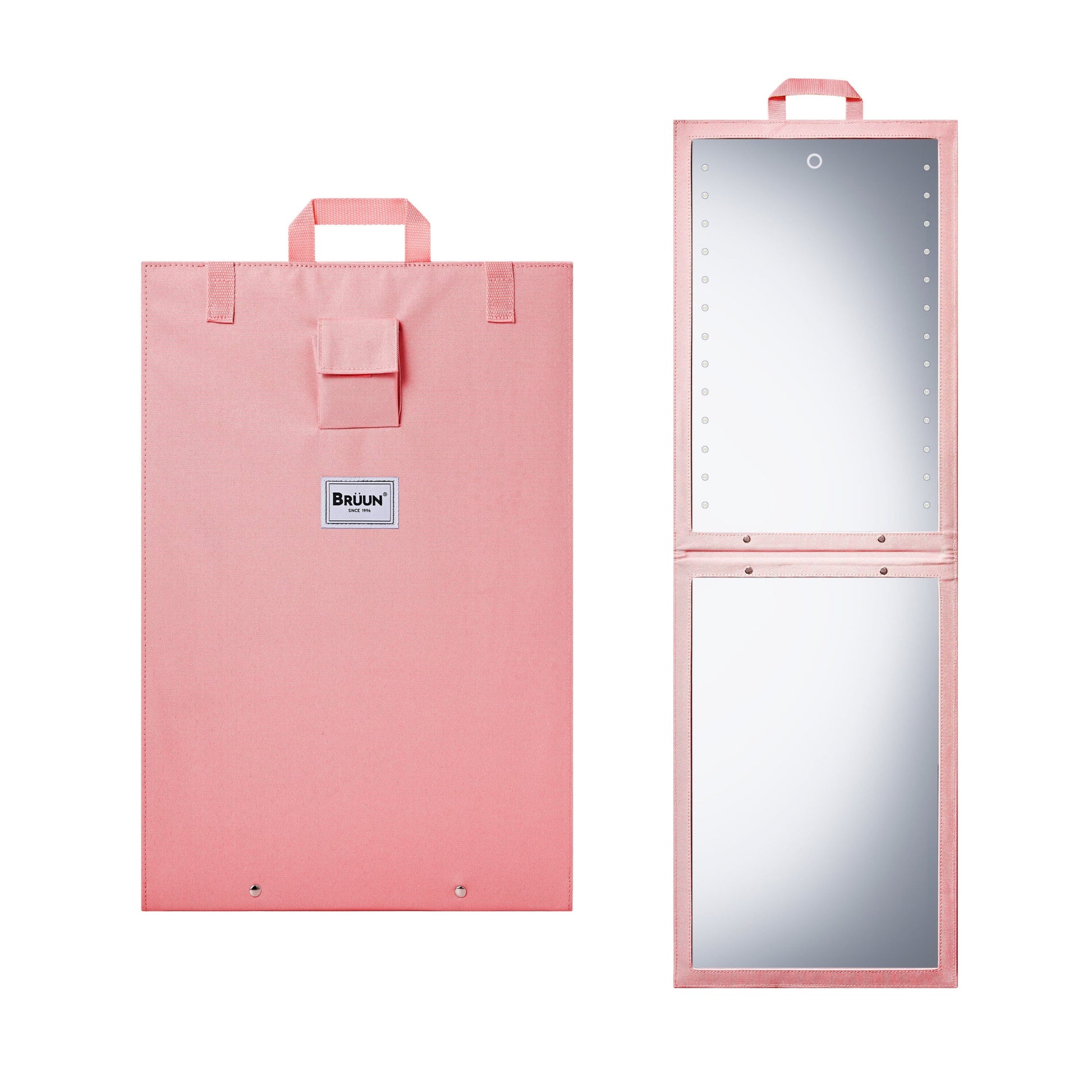 Backstage Hanging Mirror for Dance Bag with Dimmable LED Lights for Focused Glow with Touch Sensitive Power Button Bruun Beauty Pink 13.6" X 43.5" inhces 