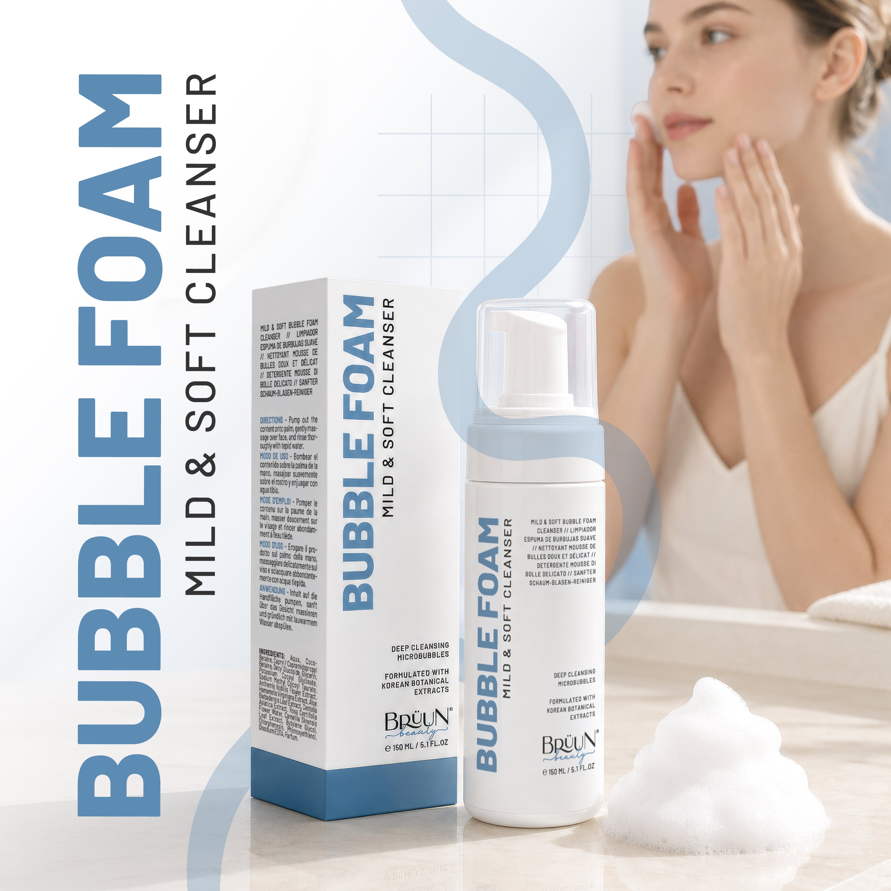 BRÜUN Bubble Foam Cleanser for Face - 150ml Foaming Facial Cleanser & Bubble Face Wash - Gentle Foam Face Wash for All Skin Types - Korean Skin Care Cleanser for PMU Aftercare & Daily Use