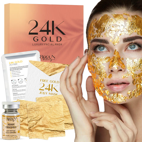 24K Gold Leaves with 1 24K Gold Peel off Jelly Mask Pack including 1 Facial Serum Bruun Beauty 5 Pcs Gold Leaves 