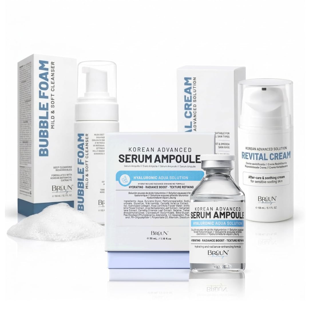 BRÜUN HY Control Serum, Bubble Foam Cleanser & Revital Cream – Korean Daily Skincare Set for Hydration & Moisture