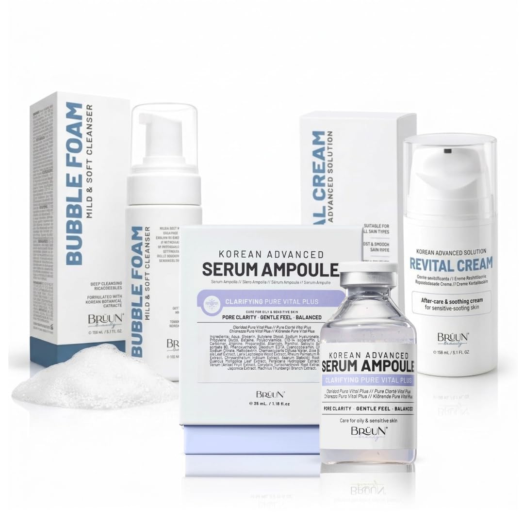 BRÜUN Korean Skincare Essentials Bundle – AC Control Ampoule, Bubble Foam Cleanser & Revital Cream, Daily Facial Care Set