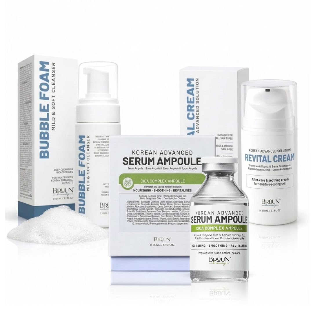 BRÜUN Korean Skincare Set — Bubble Foam Cleanser, Cica Serum & Revital Cream Daily Cleanse, Hydrate & Moisturize Trio