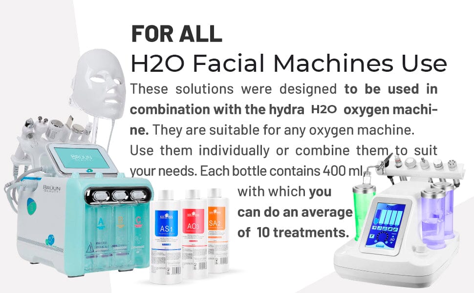 BRÜUN Aqua Peeling Solution for Hydra Dermabrasion Machine pack of 3 400ml AS1, SA2, and AO3 Hydrogen Oxygen Facial Machine Serums SH-Cleaning Serum for Hydrogen Machine Bruun Beauty 