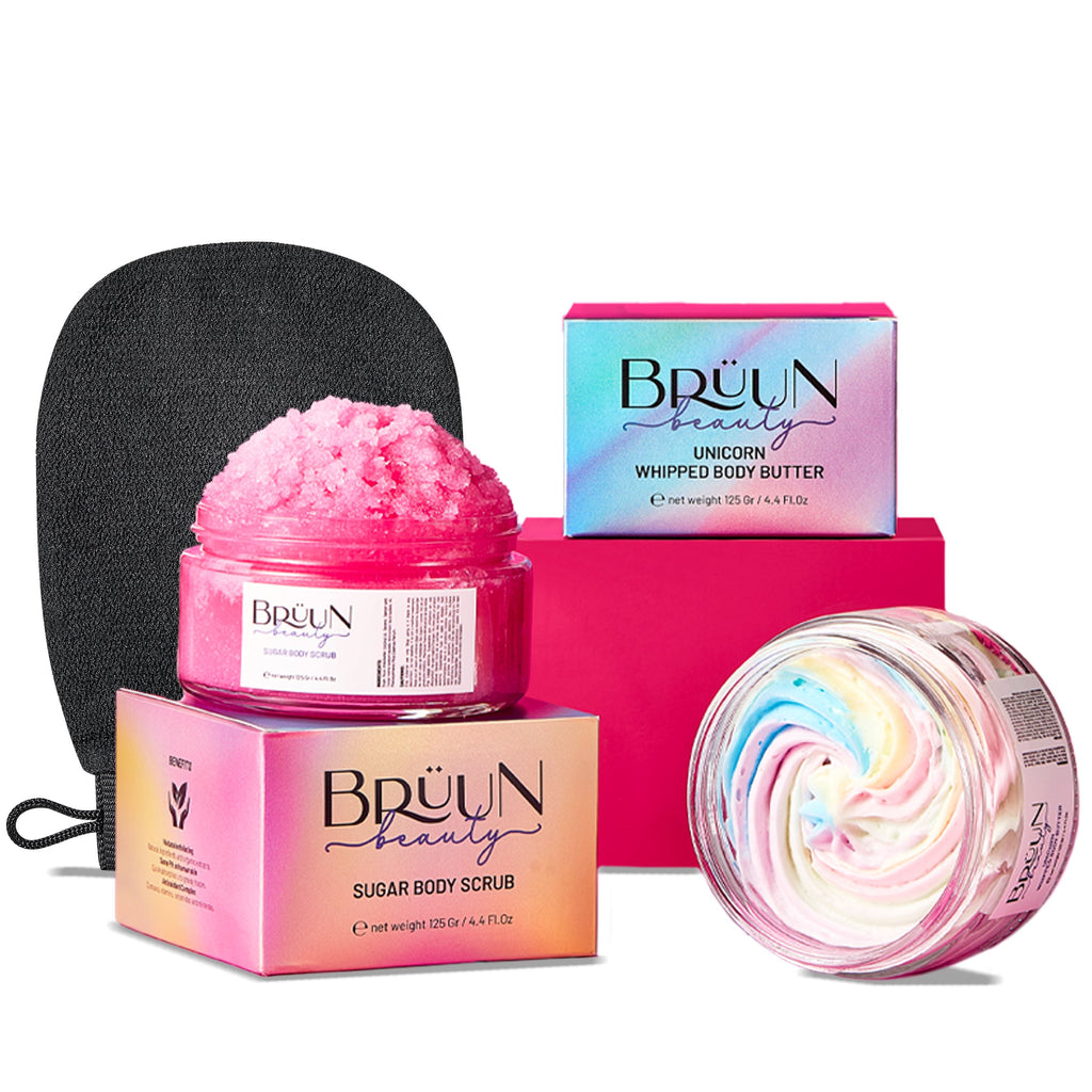 Unicorn Whipped Butter with Exfoliating Body Scrub Cream – A Bundle for Body and Skin Care with Natural Ingredients and Vitamin E Bruun Beauty 