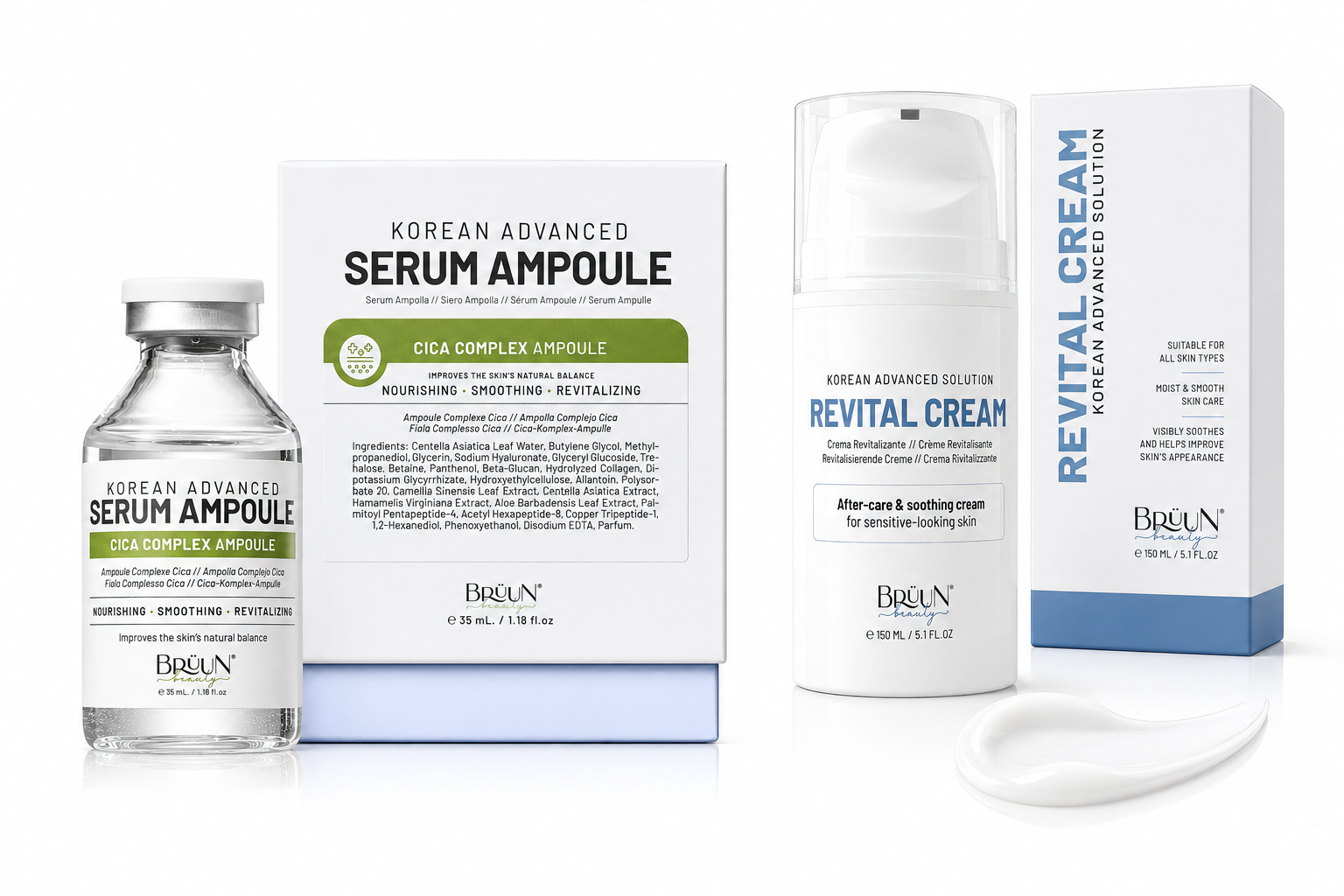 BRÜUN Cica Serum & Revital Cream Bundle — Korean Skincare Set with Centella, Peptides & Panthenol, Hydrating Face Serum & Moisturizer