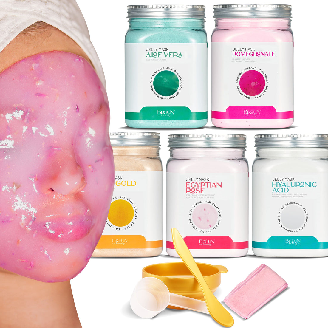 BRÜUN Peel-Off Premium Modeling Rubber Jelly Mask for Face Care- A Bundle of 5 Different Treatment Jars (24k Gold, Egyptian Rose, Pomegranate, Aloe Vera and Hyaluronic) for Body and Skin Care Bruun Beauty 