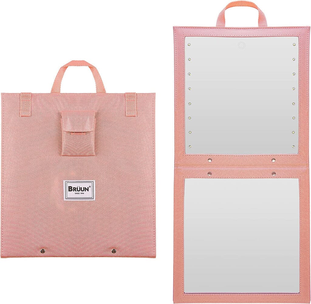 Backstage Hanging Mirror for Dance Bag with Dimmable LED Lights for Focused Glow with Touch Sensitive Power Button Bruun Beauty Pink 25" X 11.4" inhces 