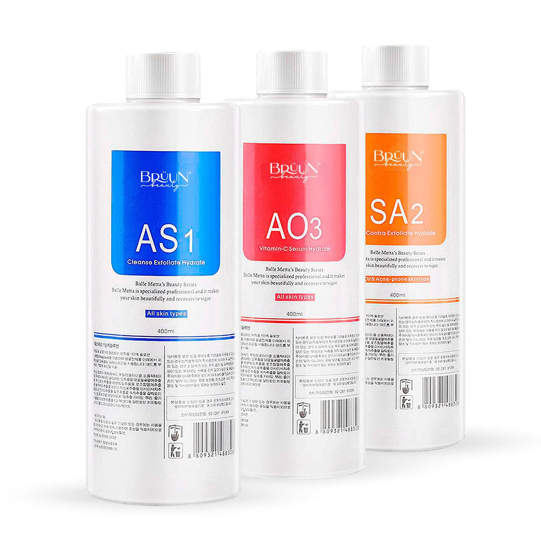 BRÜUN Aqua Peeling Solution for Hydra Dermabrasion Machine pack of 3 400ml AS1, SA2, and AO3 Hydrogen Oxygen Machine Serums SH-Cleaning Serum for Hydrogen Machine Bruun Beauty 