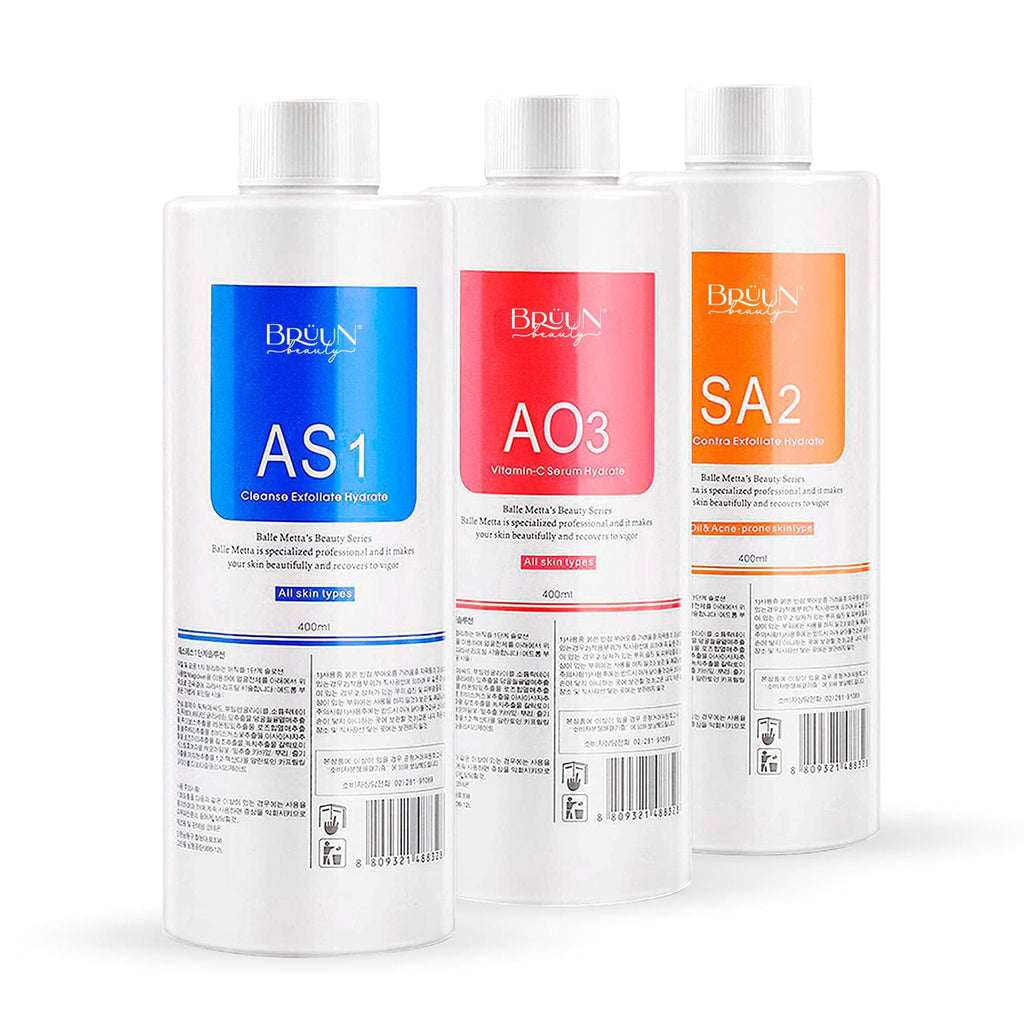 BRÜUN Aqua Peeling Solution for Hydra Dermabrasion Machine pack of 3 400ml AS1, SA2, and AO3 Hydrogen Oxygen Machine Serums SH-Cleaning Serum for Hydrogen Machine Bruun Beauty 