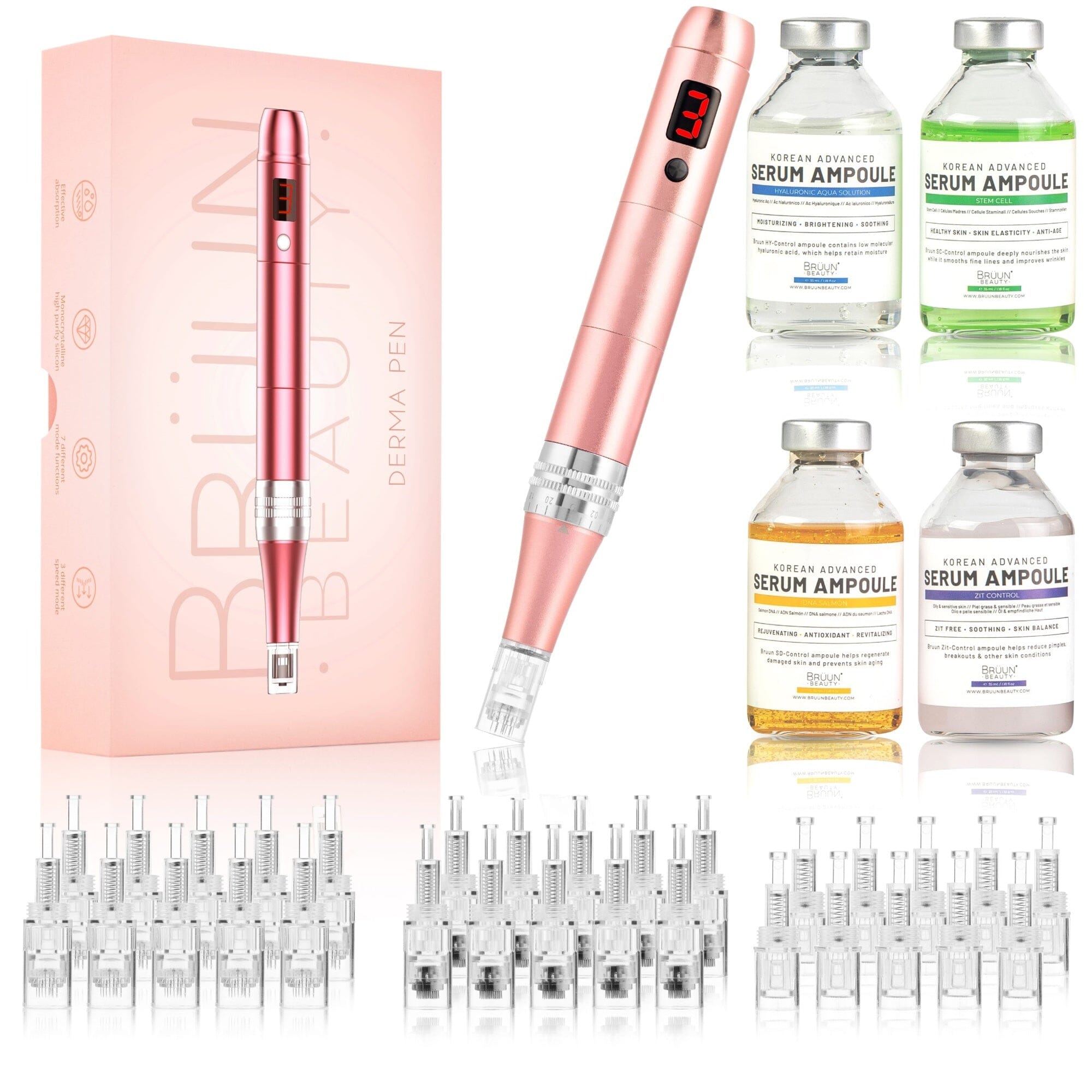 BRÜUN Advanced Korean Serum Kit – 4 Microneedling Serums (AC + SC + SD + HY Control) with Derma Pen and 30 Cartridges Bruun Beauty 