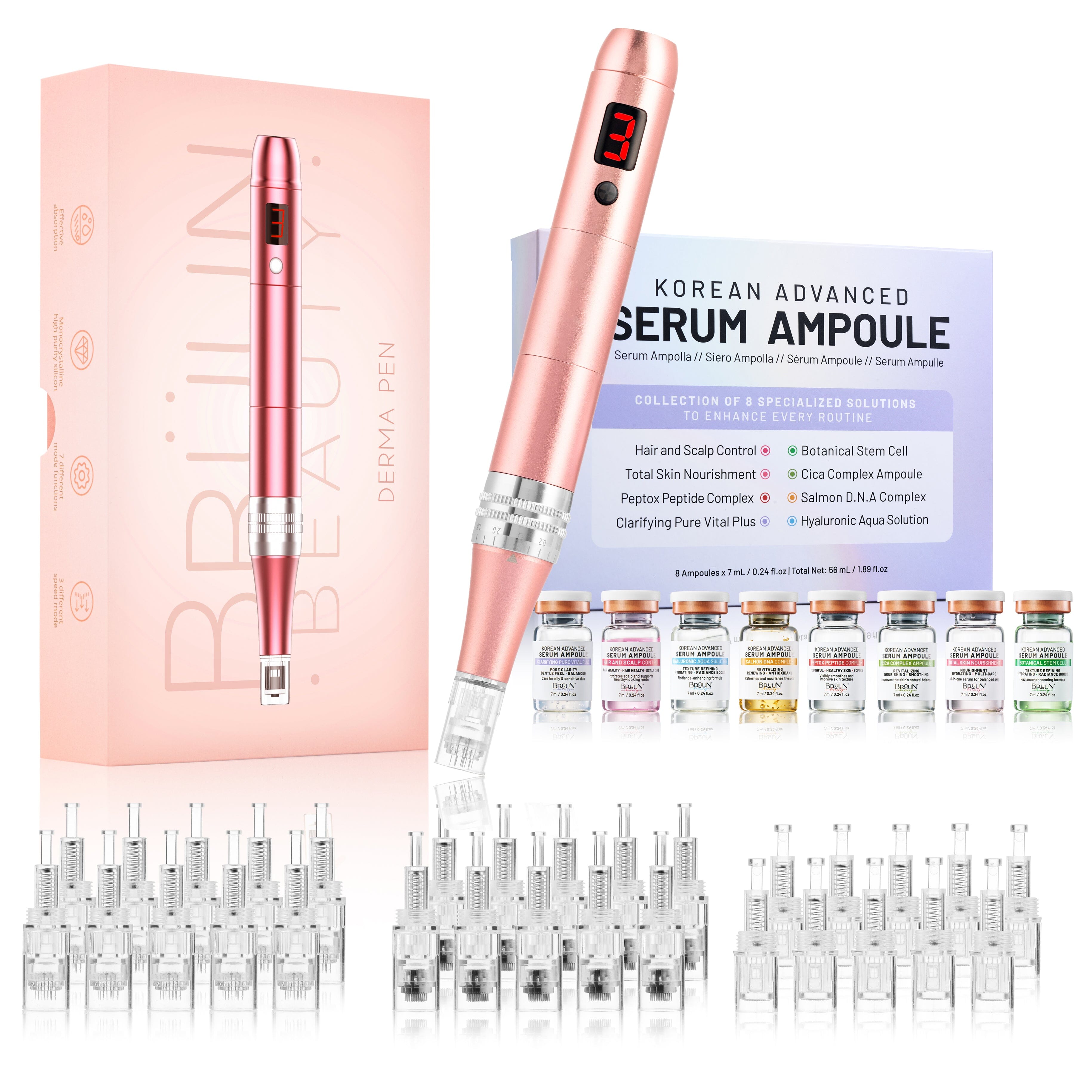 BRÜUN Advanced Korean Microneedling Serum Kit – 8pcs Stem Cell, Salmon DNA, Peptide & Hyaluronic Acid Booster Micro Infusion Set with Derma Pen and 30 Cartridges Bruun Beauty 