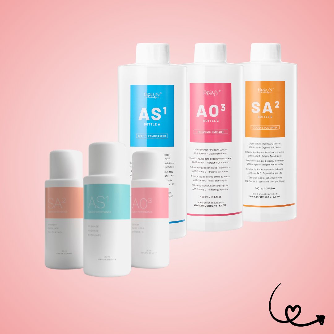 Hydrogen Oxygen Facial Machine Serums – 30ml Aqua Peeling Solution Pack (AS1, SA2, AO3) – Skin Care for Home & Spa Bruun Beauty 