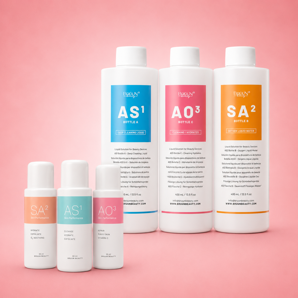 Hydrogen Oxygen Facial Machine Serums – 30ml Aqua Peeling Solution Pack (AS1, SA2, AO3) – Skin Care for Home & Spa Bruun Beauty 