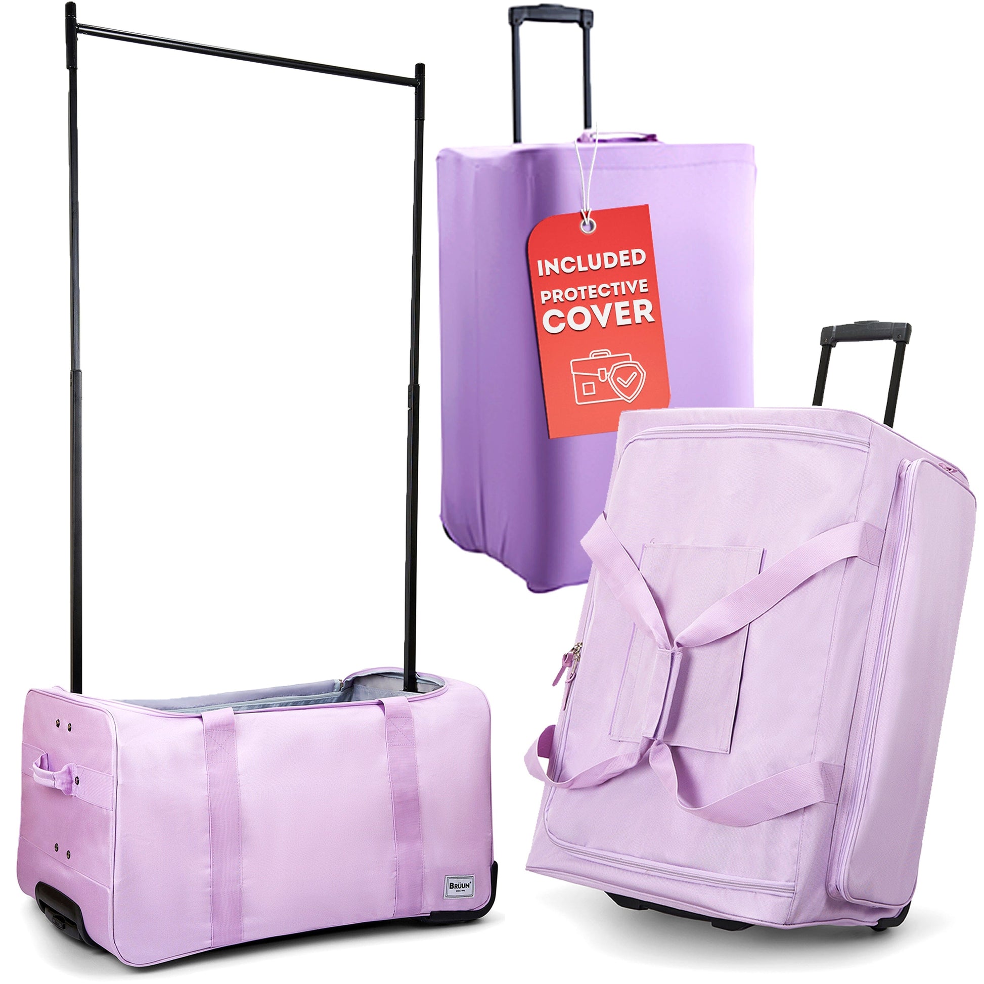 "Limited time Discount on Open Box" A 29" Large Duffel Dance Bags with included Protective Cover | Rolling Carrier for Travel – Specially Designed to Hang Clothes Bruun Beauty Light Violet 