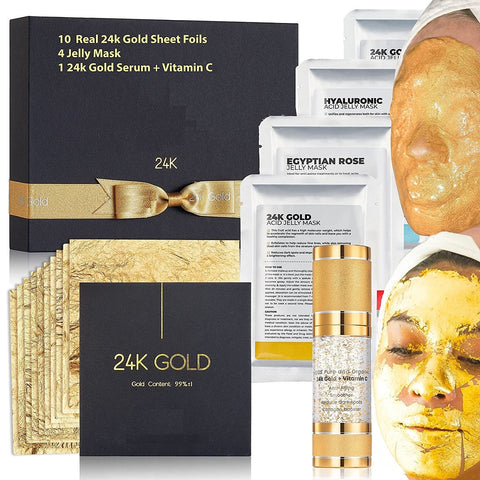 BRÜUN 24K Pure Gold Sheet Face Mask with 3 Treatments of Peel-Off Jelly Mask Spa Set (24K GOLD, EGYPTIAN ROSE, and HYALURONIC AC) - An Essential Beauty Care Bundle for every Woman Bruun Beauty 