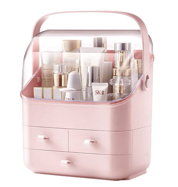 BRÜUN Skin Care Cosmetic Storage Bin – A Large Dust and Water Proof Makeup Box with a Fully Open Lid & Drawers to Hold Brushes, Lotions, etc. for Countertop, Vanity, and Bathroom Dresser Bruun Beauty Rose 