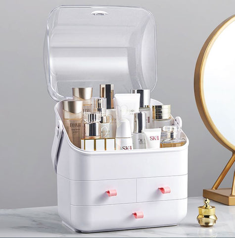 BRÜUN Skin Care Cosmetic Storage Bin – A Large Dust and Water Proof Makeup Box with a Fully Open Lid & Drawers to Hold Brushes, Lotions, etc. for Countertop, Vanity, and Bathroom Dresser Bruun Beauty 