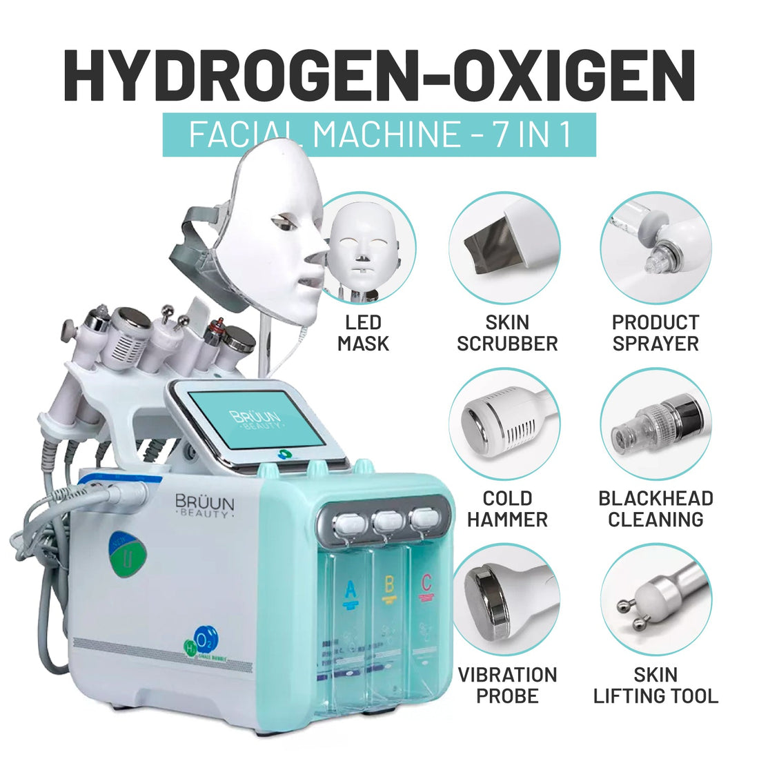 BRÜUN HydraFacial Machine 7 in 1 Hydra Face Care Hydrogen-Oxygen Device Small Bubbles Aqua Peeling for Skin Moisturizing for Spa and Beauty Salon SH-Hydrogen Oxygen Facial Machine Bruun Beauty 