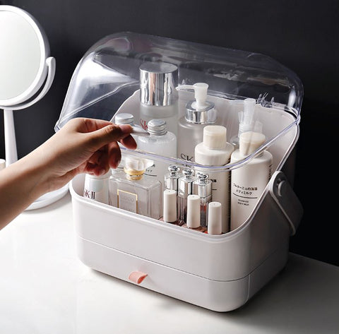 BRÜUN Skin Care Cosmetic Storage Bin – A Large Dust and Water Proof Makeup Box with a Fully Open Lid & Drawers to Hold Brushes, Lotions, etc. for Countertop, Vanity, and Bathroom Dresser Bruun Beauty 