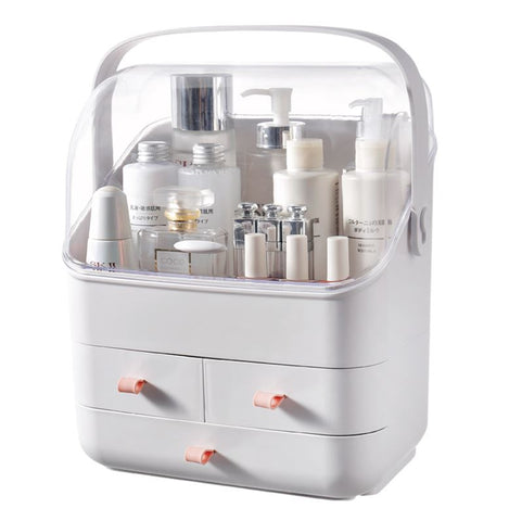BRÜUN Skin Care Cosmetic Storage Bin – A Large Dust and Water Proof Makeup Box with a Fully Open Lid & Drawers to Hold Brushes, Lotions, etc. for Countertop, Vanity, and Bathroom Dresser Bruun Beauty White 