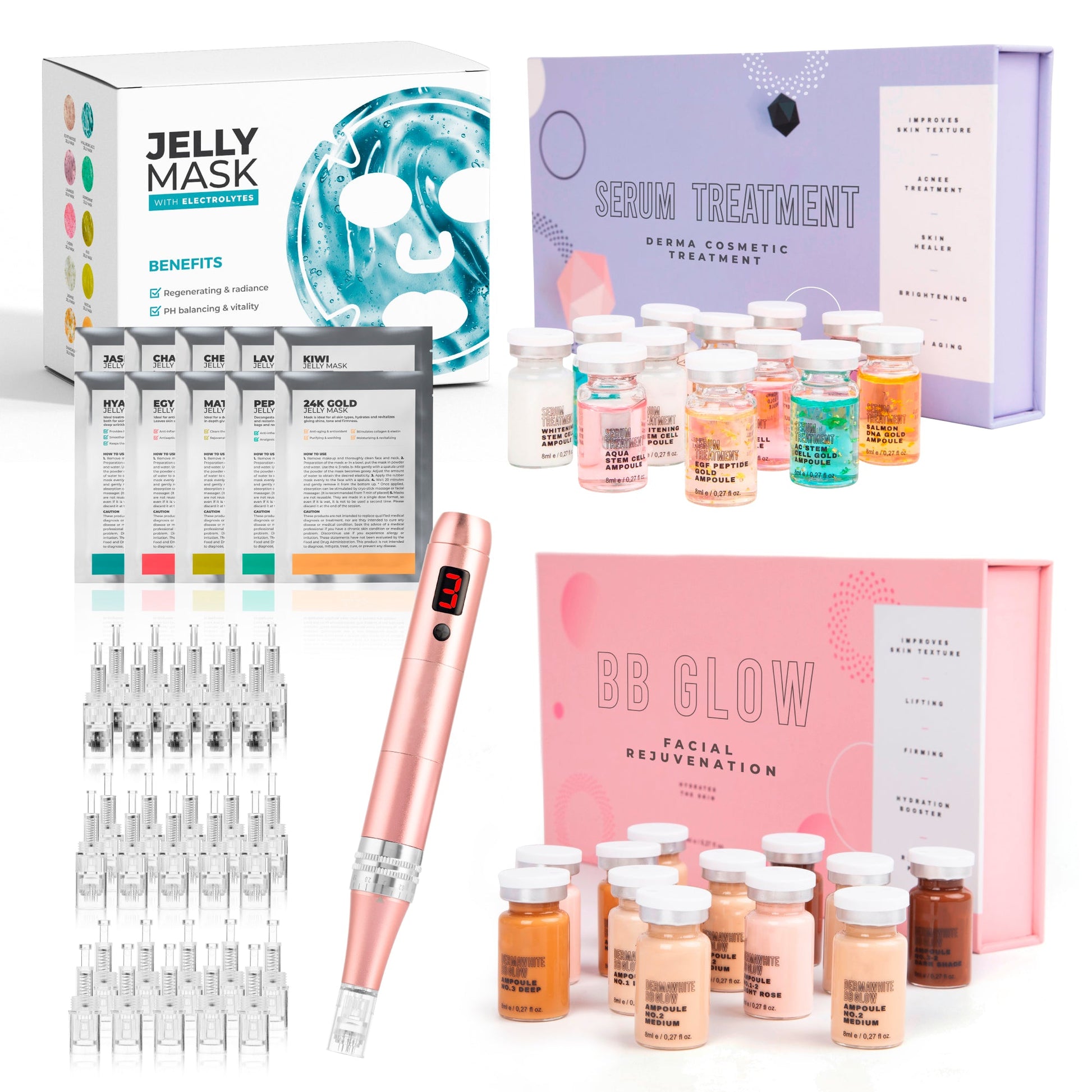 BB Glow Starter kit+ Derma Pen kit 30 Needles + Serum Booster kit + Jelly Mask 10 pcs Derma Pen-30+BB Glow + Serum + JM 10T Bruun By Avery 