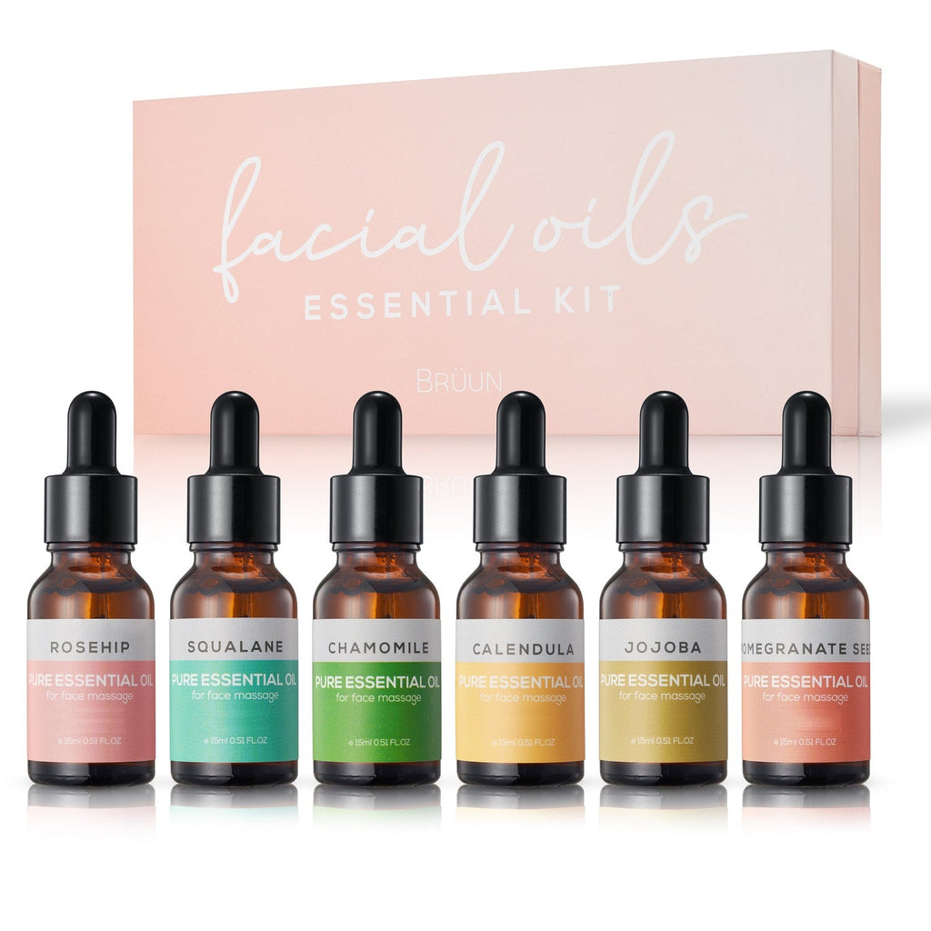 BRÜUN Pure Essential Oils for Jade Roller and Gua Sha – A Pack of 6 Organic Face Massage Oils including Chamomile, Calendula, Squalane, Rosehip, Pomegranate seed and Jojoba from BRÜUN SH-Oil kit set for Jade Roller Bruun Beauty 